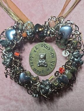 Teddy Bear Ribbon Heart Wreath Necklace W/Teddy Bears, Silver, Copper & Peach